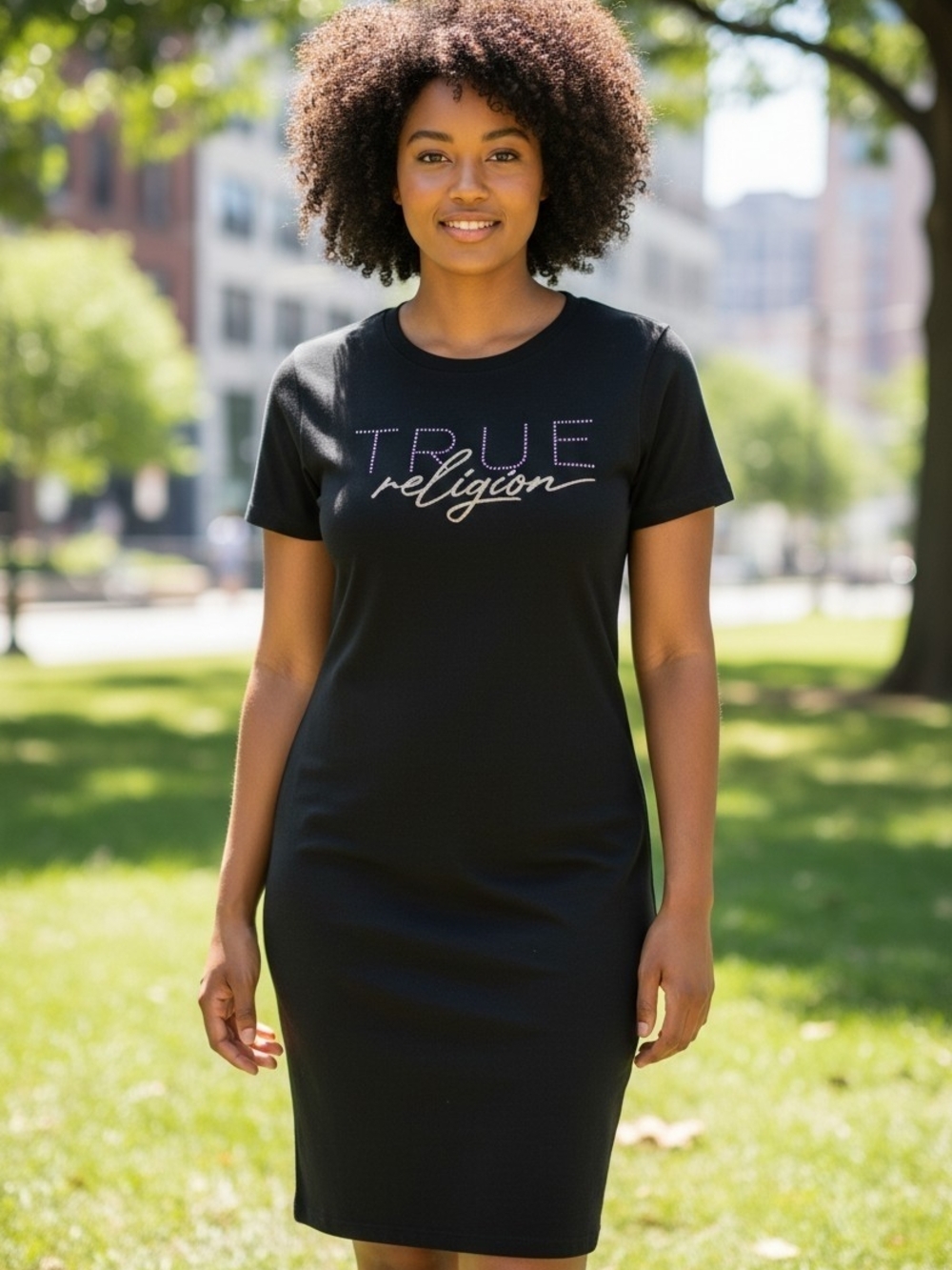True Religion Black Logo Tee Dress with Script Detail